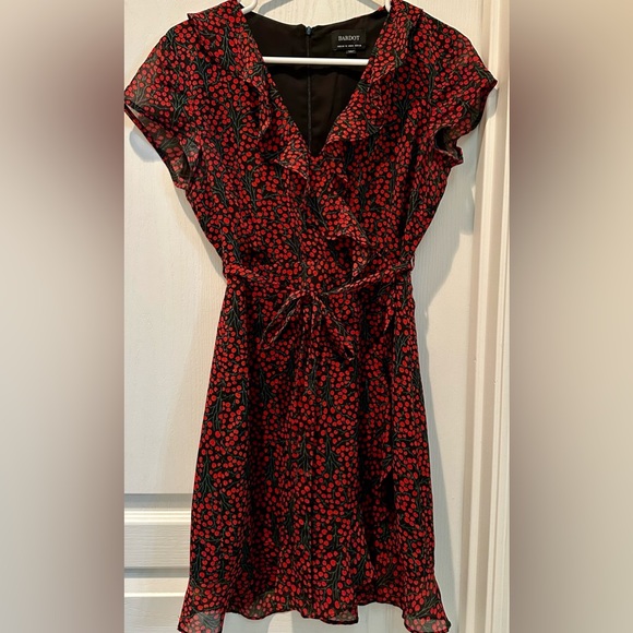 Bardot Short Sleeve Cherry Print Faux-Wrap Mini Dress - Picture 2 of 9